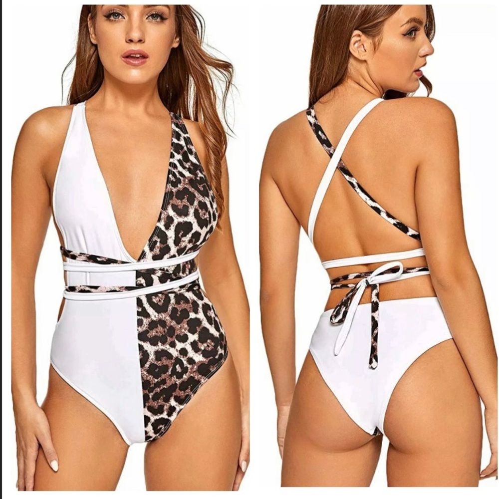 SweatyRocks Women's Sexy Bathing Suits Criss Cross, Leoprad White, Size Small
